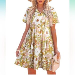 NWOT Boho Floral Dresses Casual V Neck Sleeve Ruffle Hem A-Line Mini Dress Sz XL